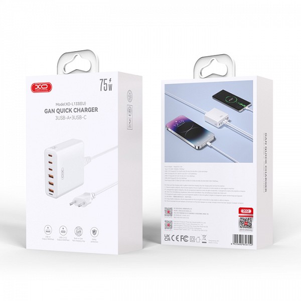 XO L133(EU) 75W GaN 3A+3C Desktop Fast Charger with 1.5M Power Cord