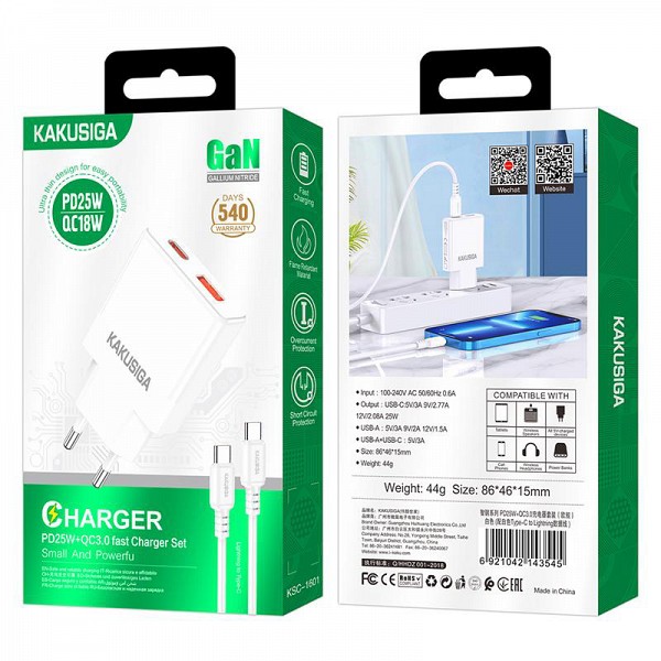 KSC-1601/WHITE ΛΕΥΚΟΣ ΦΟΡΤΙΣΤΗΣ USB 25W ΜΕ ΚΑΛΩΔΙΟ TYPEC 1m fast charging GAN