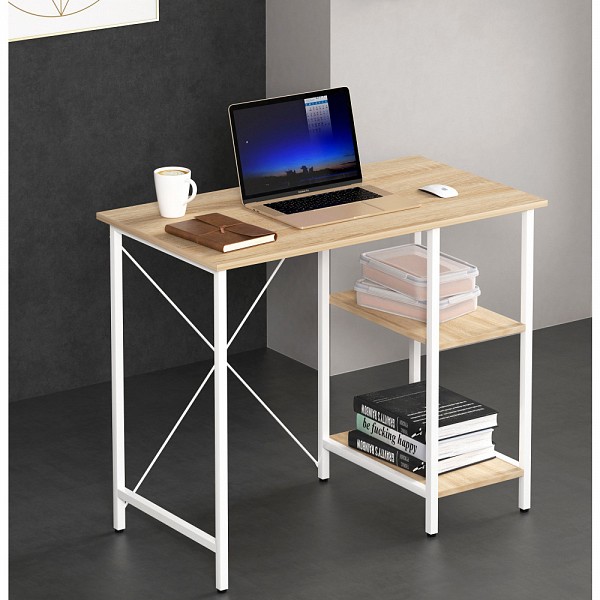 TECHLY ICA-TB 3672 Γραφείο υπολογιστή με ράφια από ανοιχτόχρωμη δρυ και λευκό μεταλλικό σκελετό