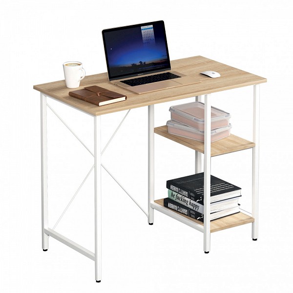 TECHLY ICA-TB 3672 Γραφείο υπολογιστή με ράφια από ανοιχτόχρωμη δρυ και λευκό μεταλλικό σκελετό