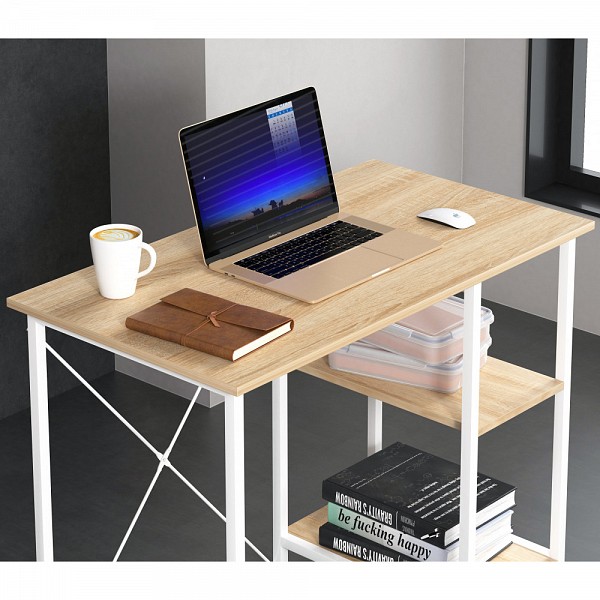 TECHLY ICA-TB 3672 Γραφείο υπολογιστή με ράφια από ανοιχτόχρωμη δρυ και λευκό μεταλλικό σκελετό