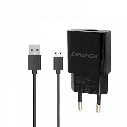 Awei micro USB Cable & USB Wall Adapter Μαύρο (C-831)